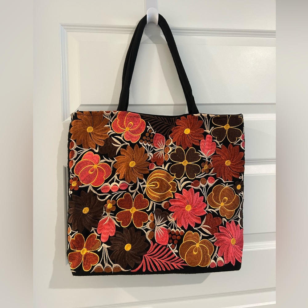 Embroidered Tote Bag Black Pink Brown